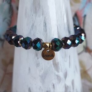Erimish Blue Green Oil Slick Beaded Stretch Faceted Crystal Rhinestone Bracelet